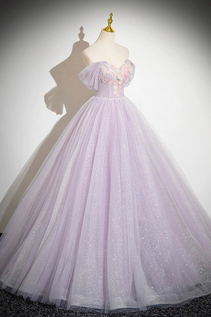 Lilac Strapless Tulle Long Prom Dresses with Flowers, Lilac Off the Shoulder Formal Evening Dresses