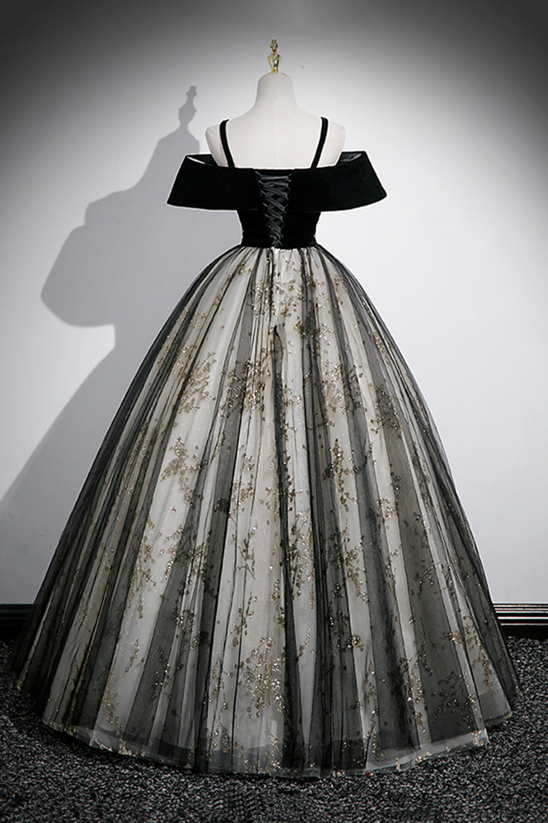 Black Velvet and Sequins Long Prom Dress, Black Off the Shoulder A-Line Evening Dress
