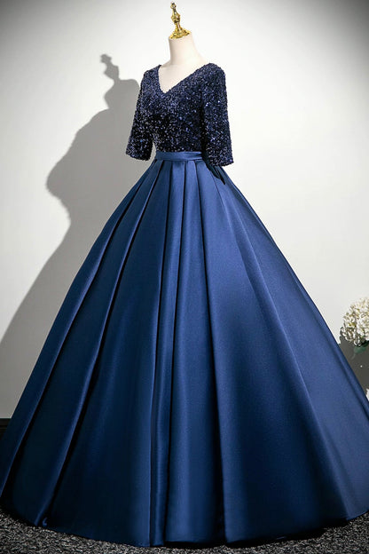 Navy Satin Sequins Long Prom Dress, V-Neck 1/2 Sleeve Evening Party Dress