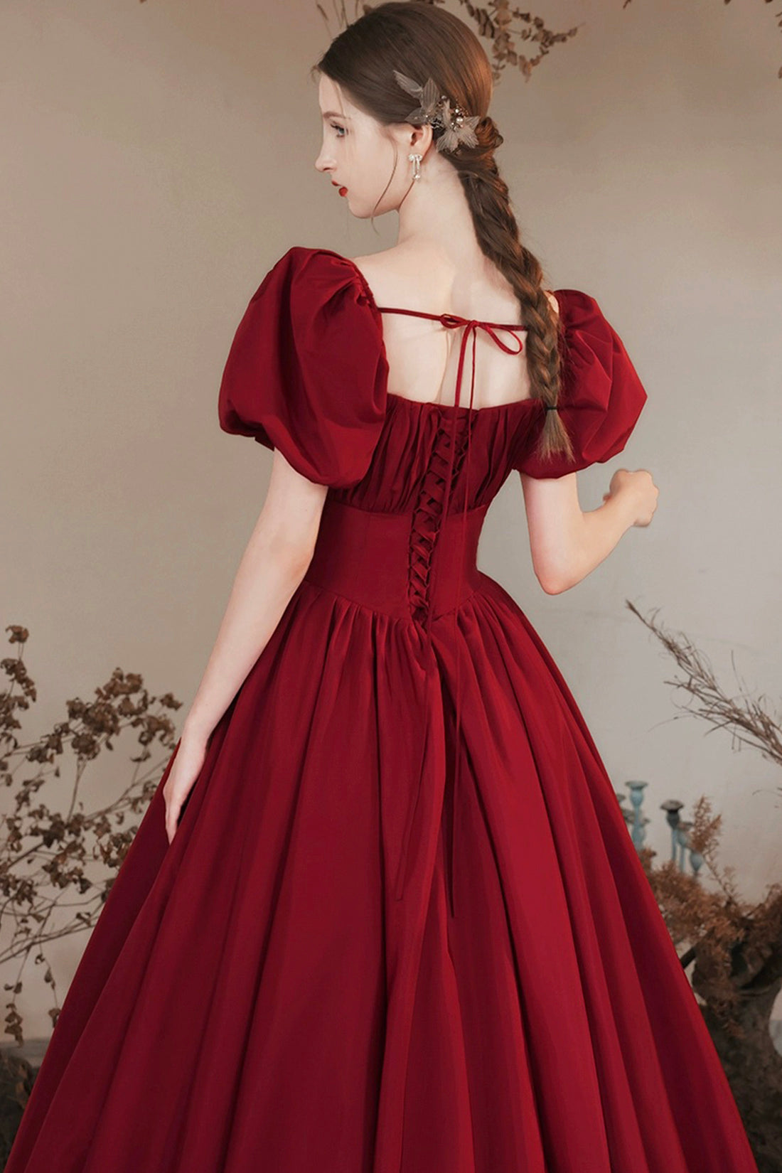 Burgundy Satin Long Prom Dress, Beautiful A-Line Short Sleeve Evening Dress