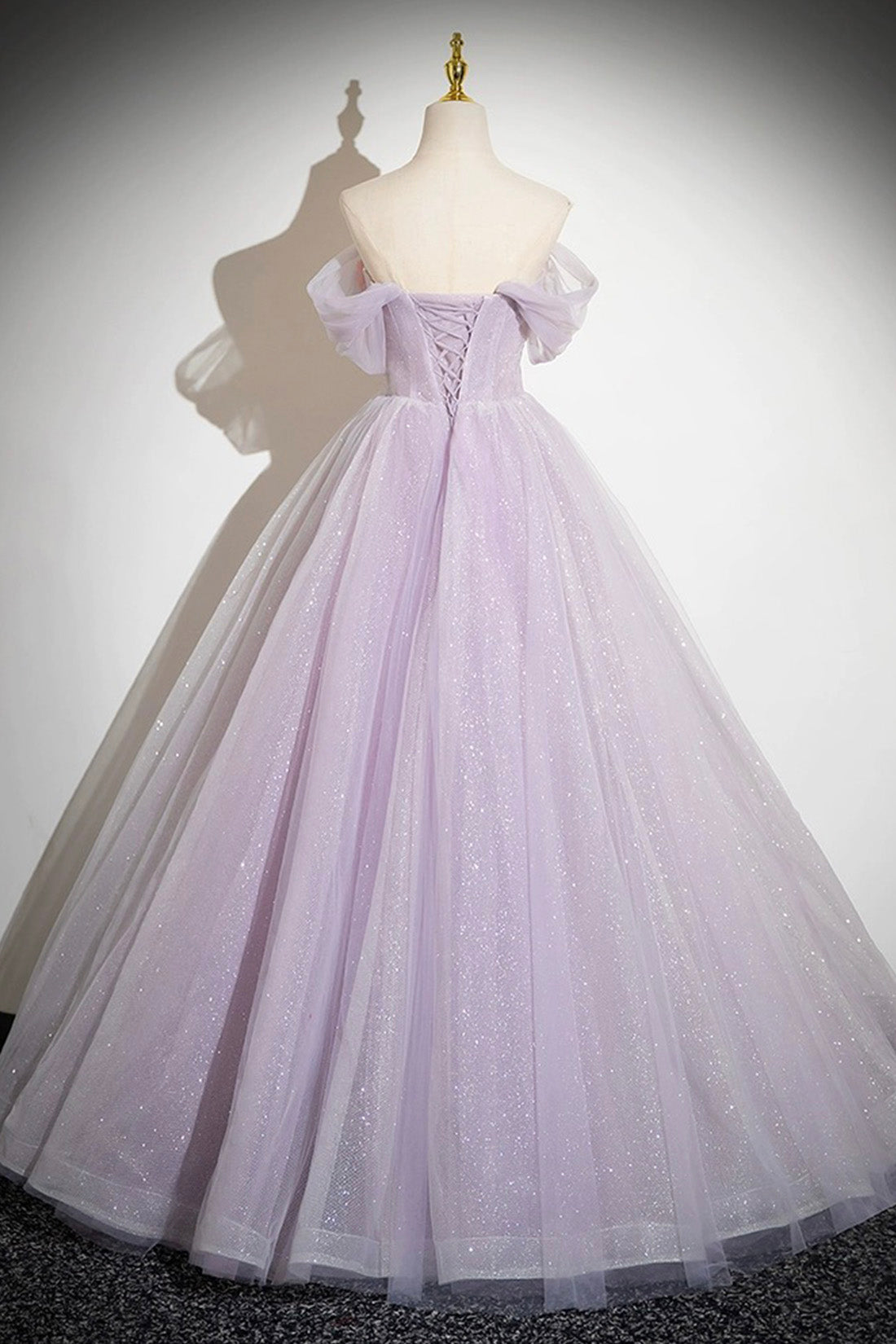 Lilac Strapless Tulle Long Prom Dresses with Flowers, Lilac Off the Shoulder Formal Evening Dresses