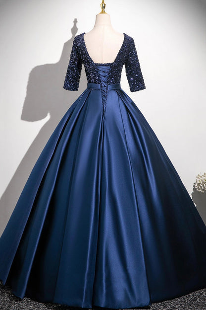 Navy Satin Sequins Long Prom Dress, V-Neck 1/2 Sleeve Evening Party Dress