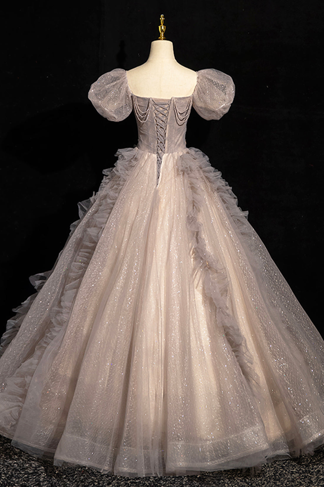 Beautiful Tulle Beaded Long Prom Dress, Khaki A-Line Short Sleeve Evening Party Dress