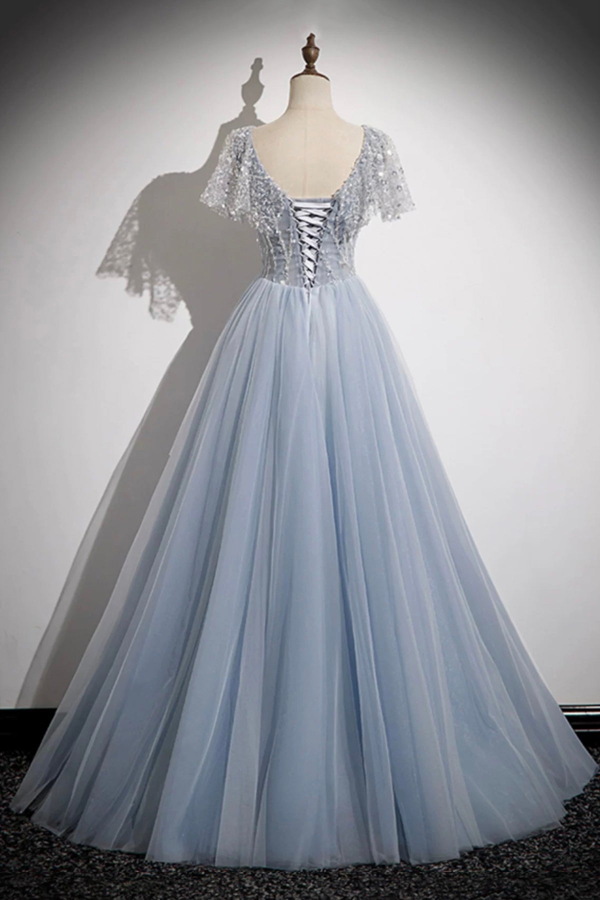 Blue Tulle Sequins Long Prom Dress, Blue A-Line Evening Party Dress