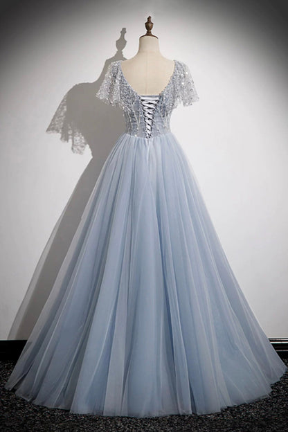 Blue Tulle Sequins Long Prom Dress, Blue A-Line Evening Party Dress