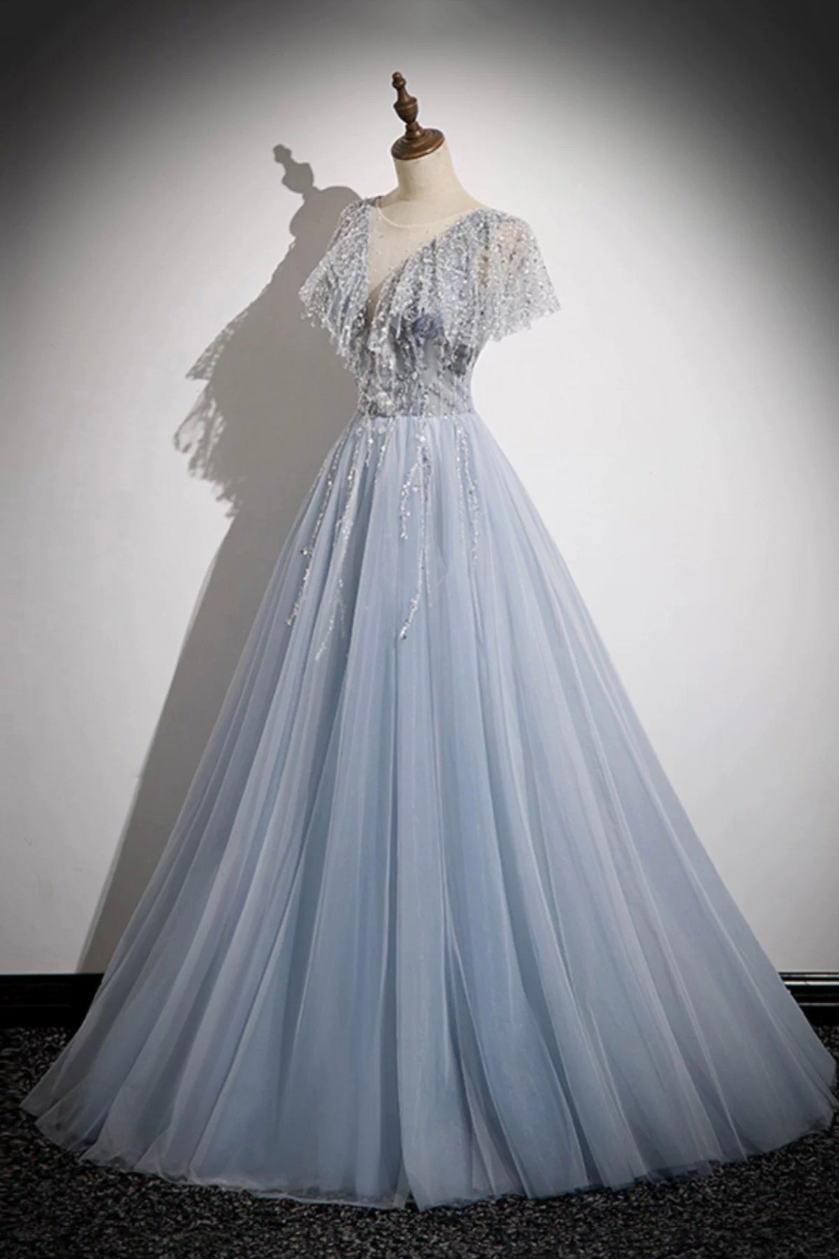 Blue Tulle Sequins Long Prom Dress, Blue A-Line Evening Party Dress