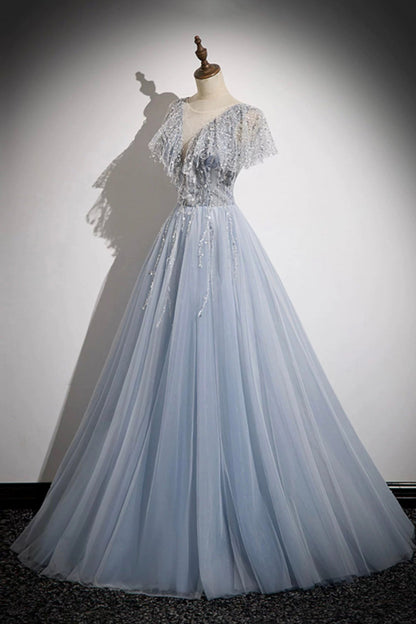 Blue Tulle Sequins Long Prom Dress, Blue A-Line Evening Party Dress