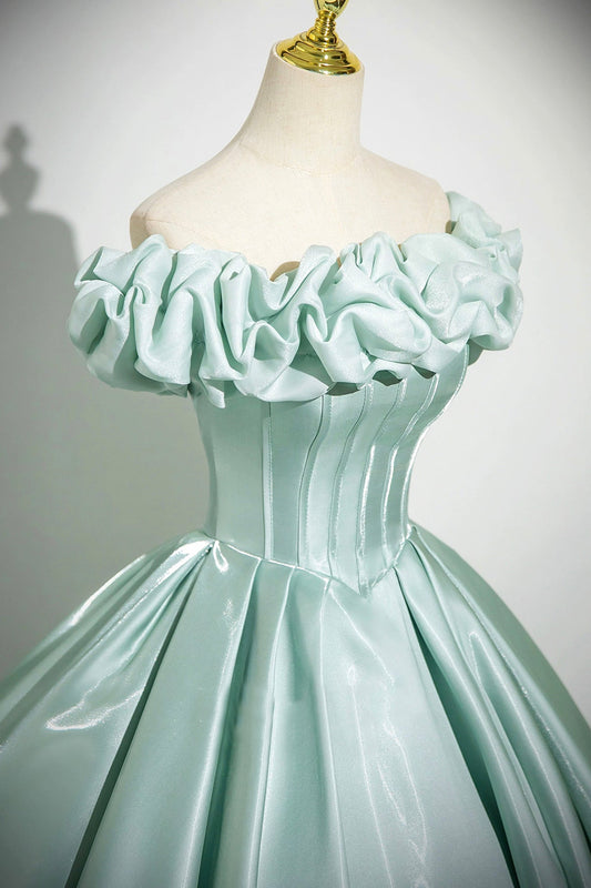 Green Satin Long Prom Dress, Beautiful A-Line Off the Shoulder Party Dress