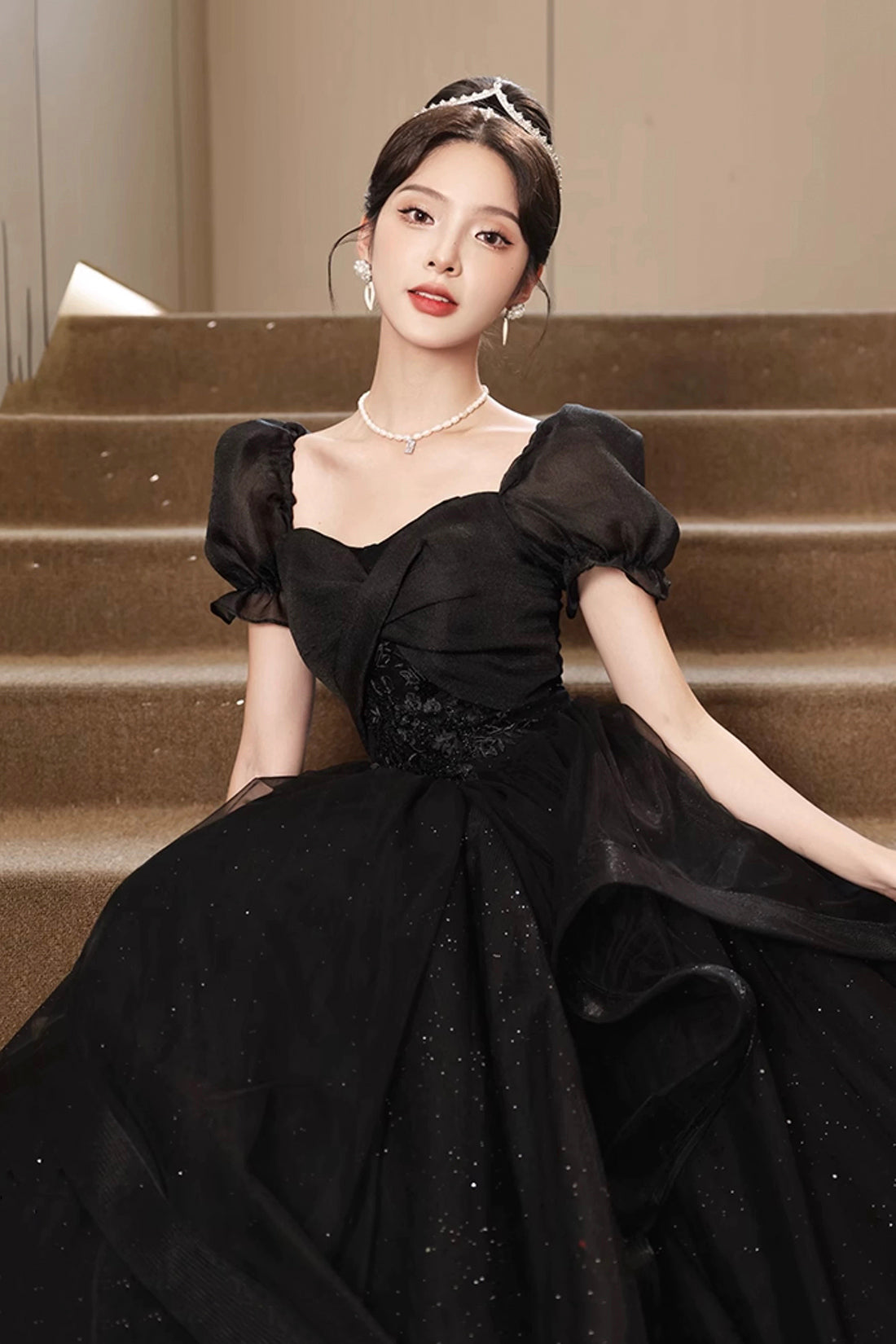Black Tulle Lace Short Sleeve Floor Length Prom Dress, Black A-Line Evening Party Dress