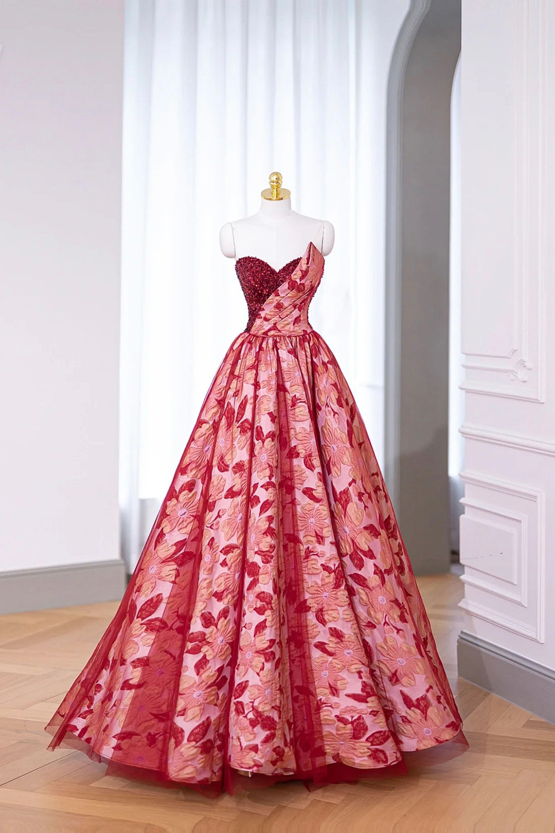 Burgundy Sequins Printing Floor Length Prom Dress, Off the Shoulder Evening Party Dress