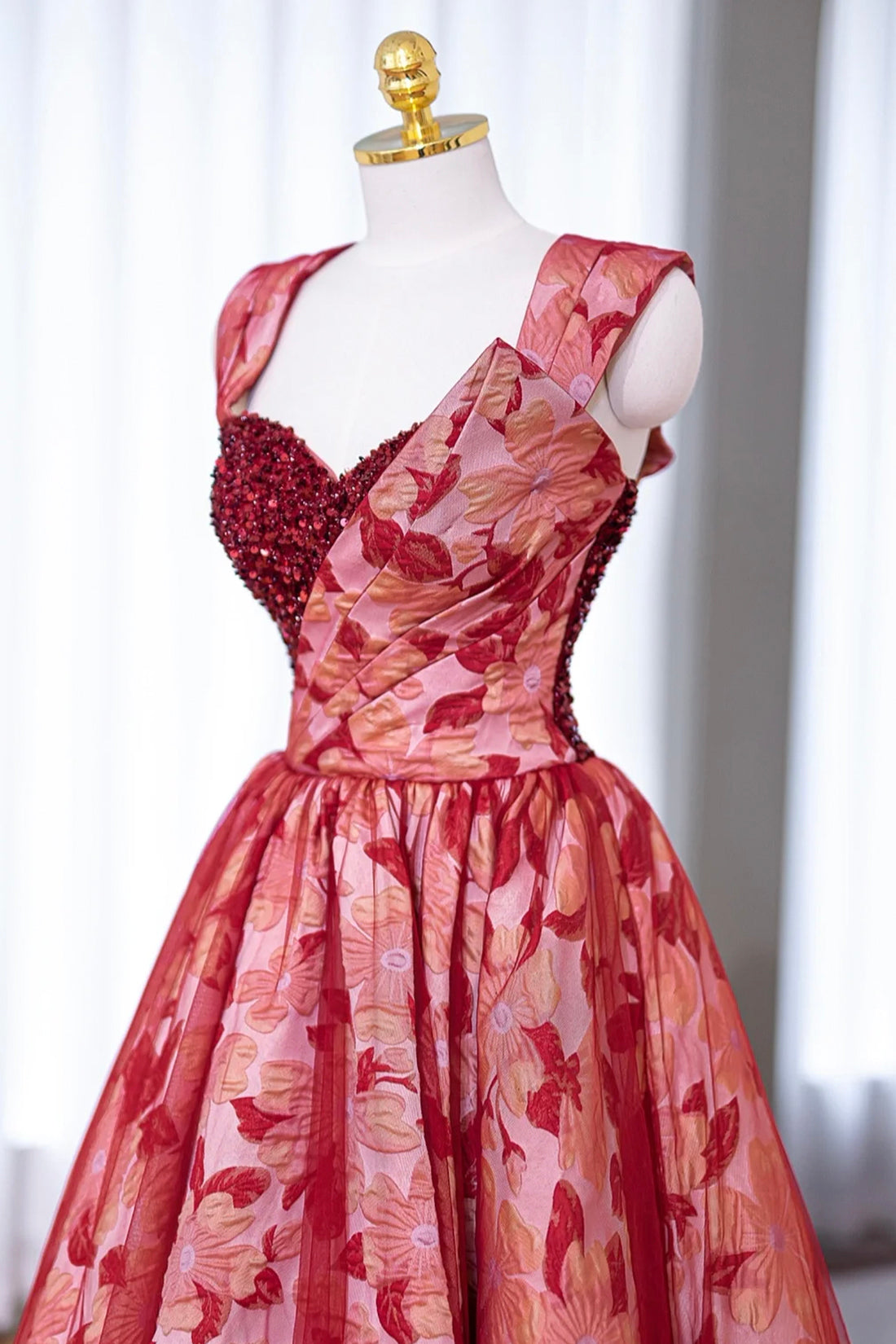 Burgundy Sequins Printing Floor Length Prom Dress, Off the Shoulder Evening Party Dress