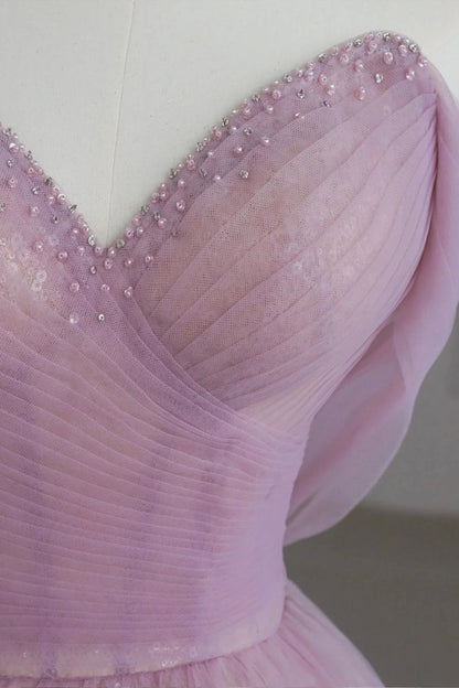 Pink Off the Shoulder Tulle Sequins Evening Prom Dress, Beautiful A-Line Party Dress