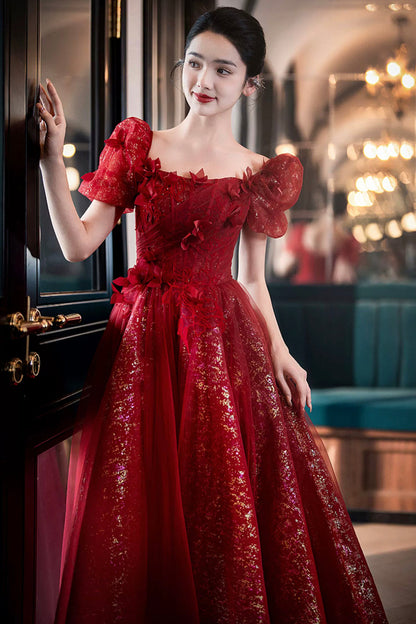 Beautiful Tulle Off the Shoulder Floor Length Prom Dress, Dark Red Short Sleeve Evening Dress