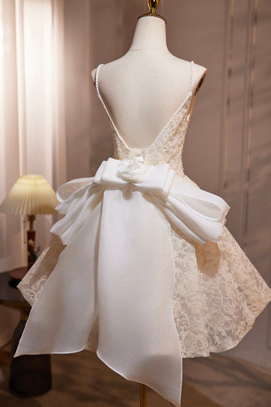 Light Champagne V-Neck Lace Short Prom Dress, A-Line Spaghetti Straps Backless Party Dress with Bow