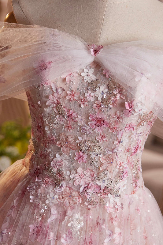 Beautiful Pink Beading Appliques Prom Dress, A-Line Off the Shoulder Evening Dress