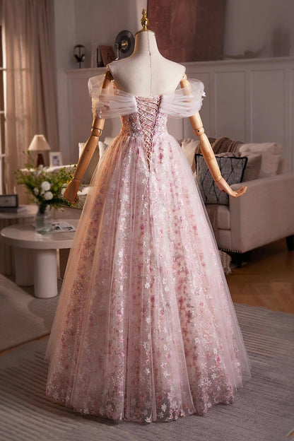 Beautiful Pink Beading Appliques Prom Dress, A-Line Off the Shoulder Evening Dress