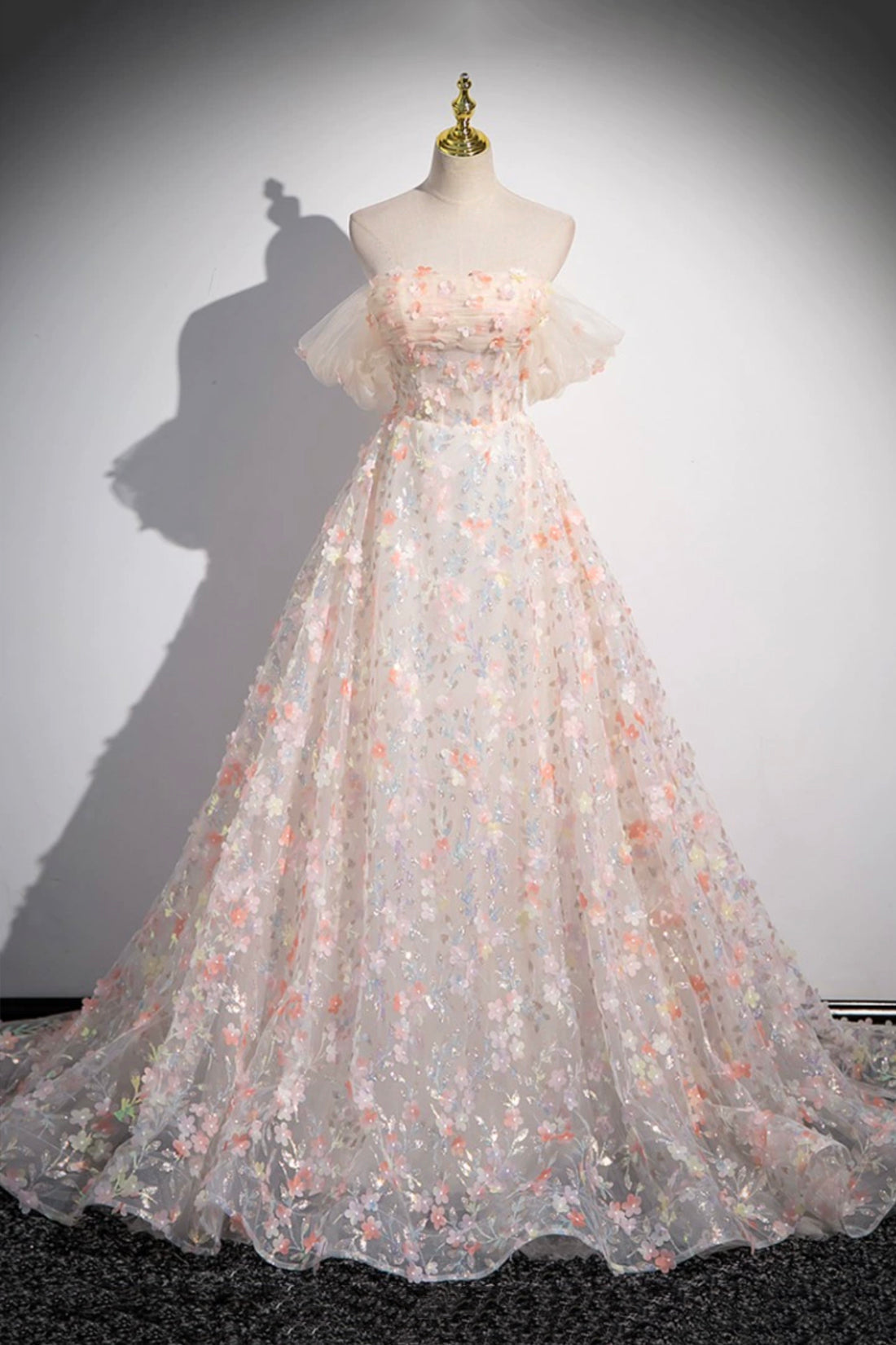 Beautiful Floor Length Sequins and Flowers Party Dress, Off the Shoulder Tulle Formal Dress
