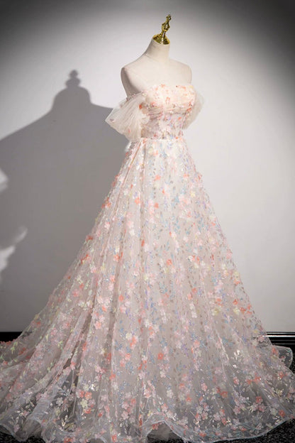 Beautiful Floor Length Sequins and Flowers Party Dress, Off the Shoulder Tulle Formal Dress