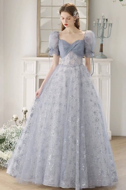 Blue Tulle Lace Floor Length Prom Dress, Beautiful Short Sleeve Evening Party Dress