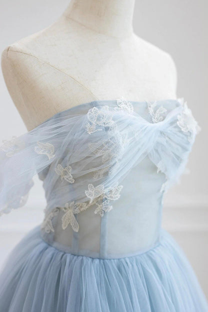 Blue Tulle Lace Long Prom Dress, High Low A-Line Evening Party Dress