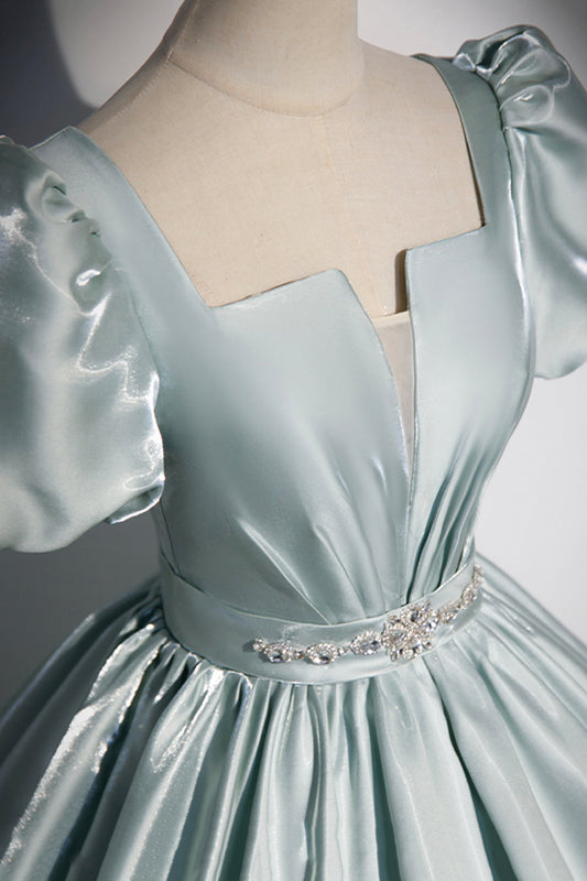 Cute Satin Floor Length Prom Dress, A-Line Short Sleeve Evening Party Dress
