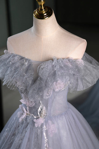 Gray Tulle Floor Length Prom Dress, Beautiful A-Line Off the Shoulder Evening Party Dress