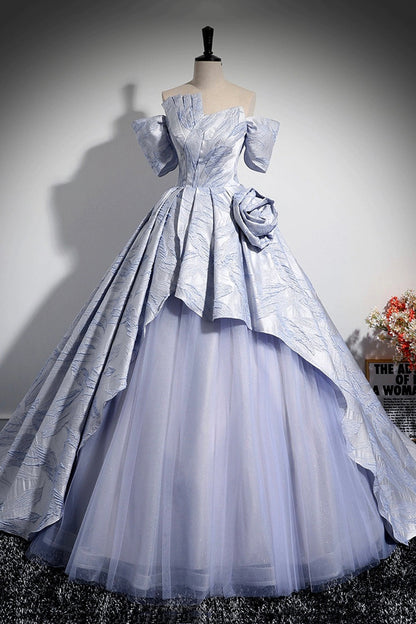 Blue Floor Length Tulle Prom Dress, Off the Shoulder A-Line Evening Party Dress