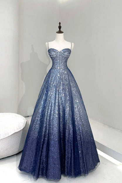 Blue Tulle Sequins Long Prom Dress, Blue Spaghetti Strap Evening Party Dress