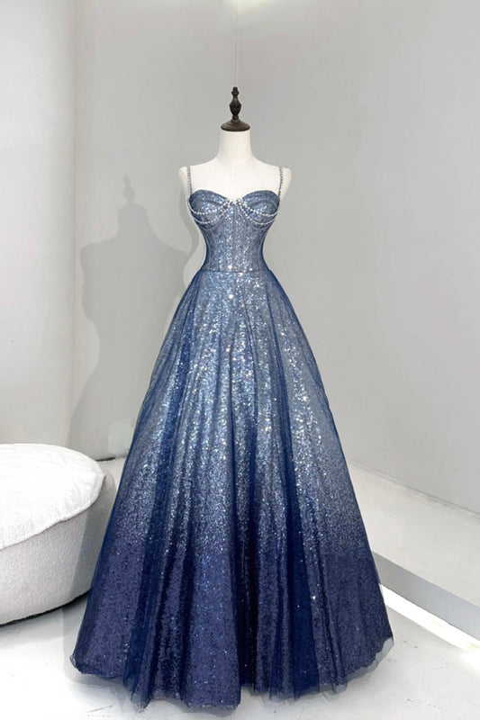 Blue Tulle Sequins Long Prom Dress, Blue Spaghetti Strap Evening Party Dress