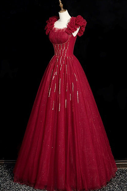 Burgundy Tulle Beaded Floor Length Prom Dress, Elegant A-Line Evening Party Dress