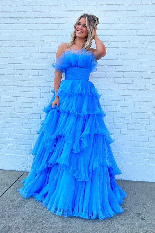 Blue Strapless Princess Tulle Layers Ruffles Long Prom Dress