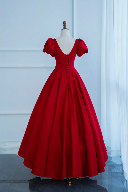 Dark Red Short Sleeve Long Prom Dress, Beautiful A-Line Evening Party Dress
