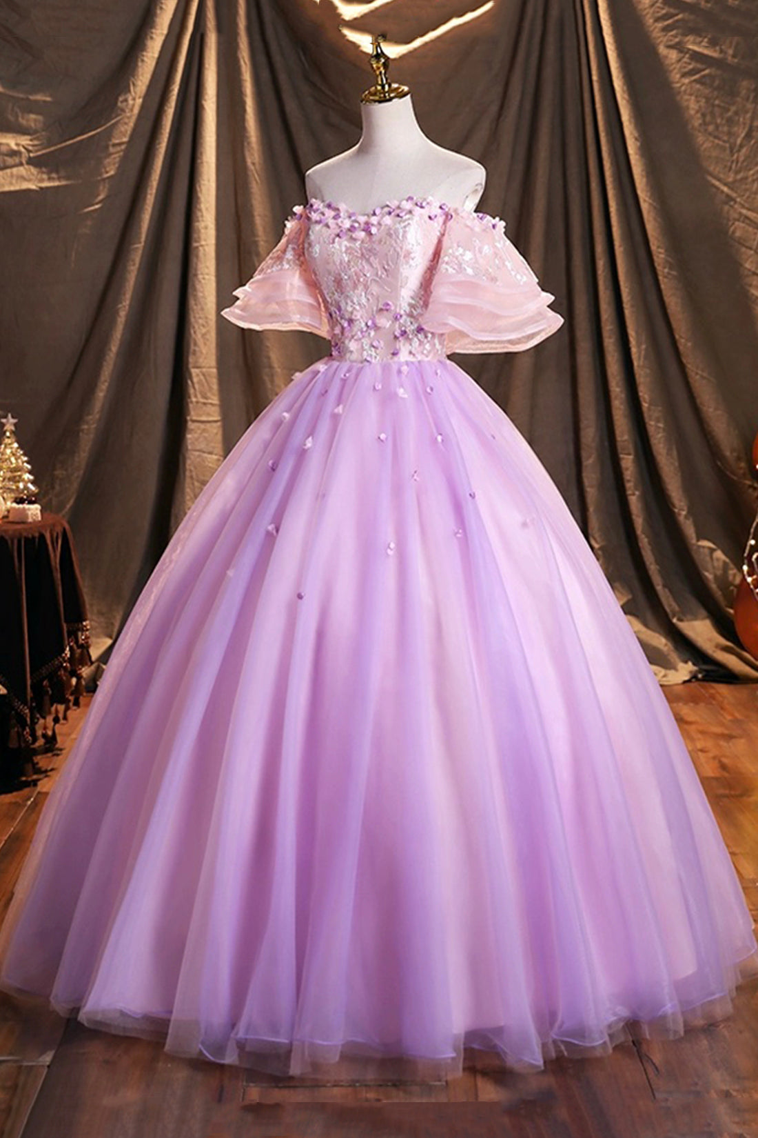 Purple Tulle Sequins Long Prom Dress, Beautiful Off the Shoulder Evening Party Dress