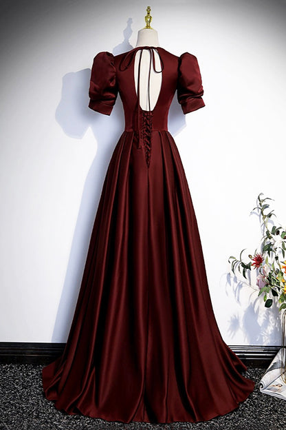 Burgundy V-Neck Satin Long Prom Dress, Simple Short Sleeve Evening Party Dress