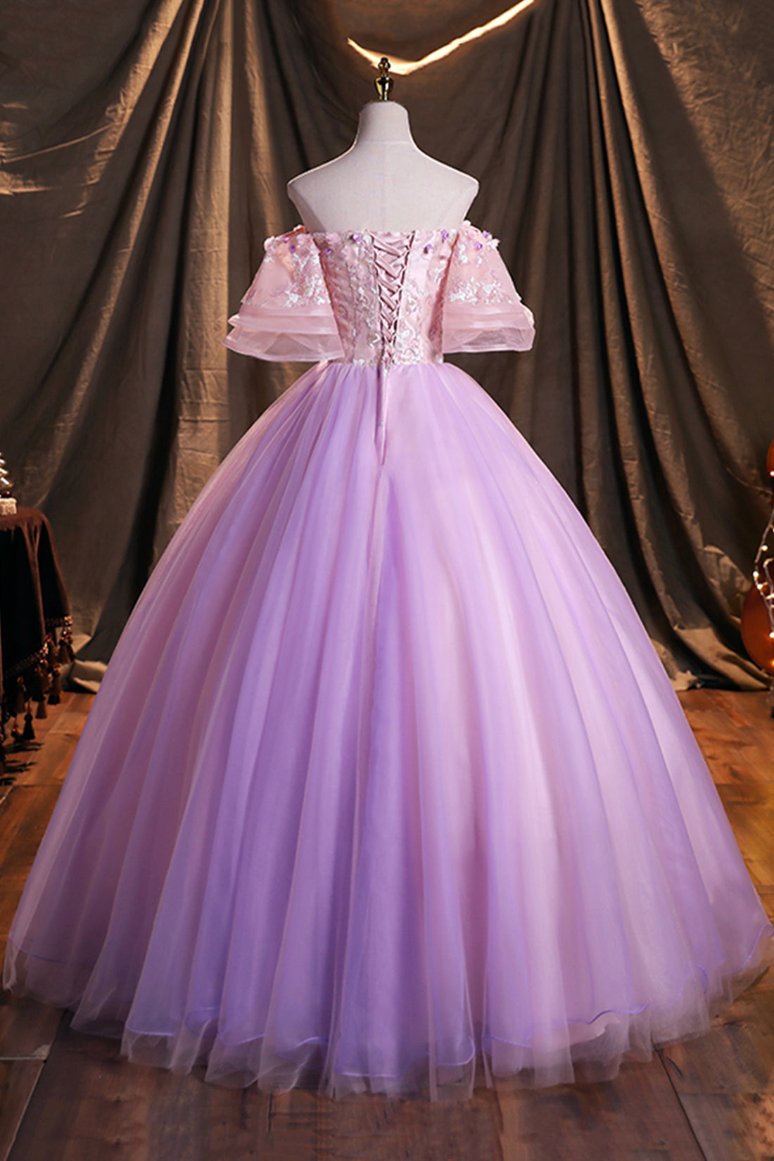 Purple Tulle Sequins Long Prom Dress, Beautiful Off the Shoulder Evening Party Dress