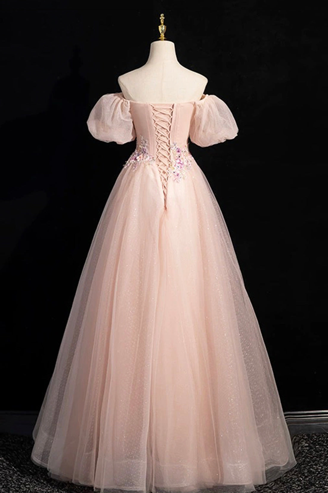 Pink Tulle Lace Floor Length Prom Dress, Off the Shoulder Formal Evening Dress