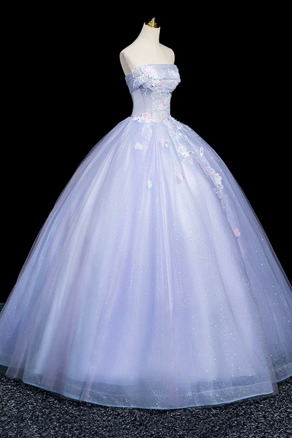 Light Purple Tulle Lace Long Prom Dress, A-Line Strapless Evening Party Dress