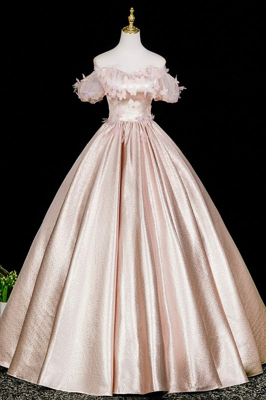 Pink Satin Long Prom Dress with Butterfly, Beautiful Off the Shoulder Party Dress
