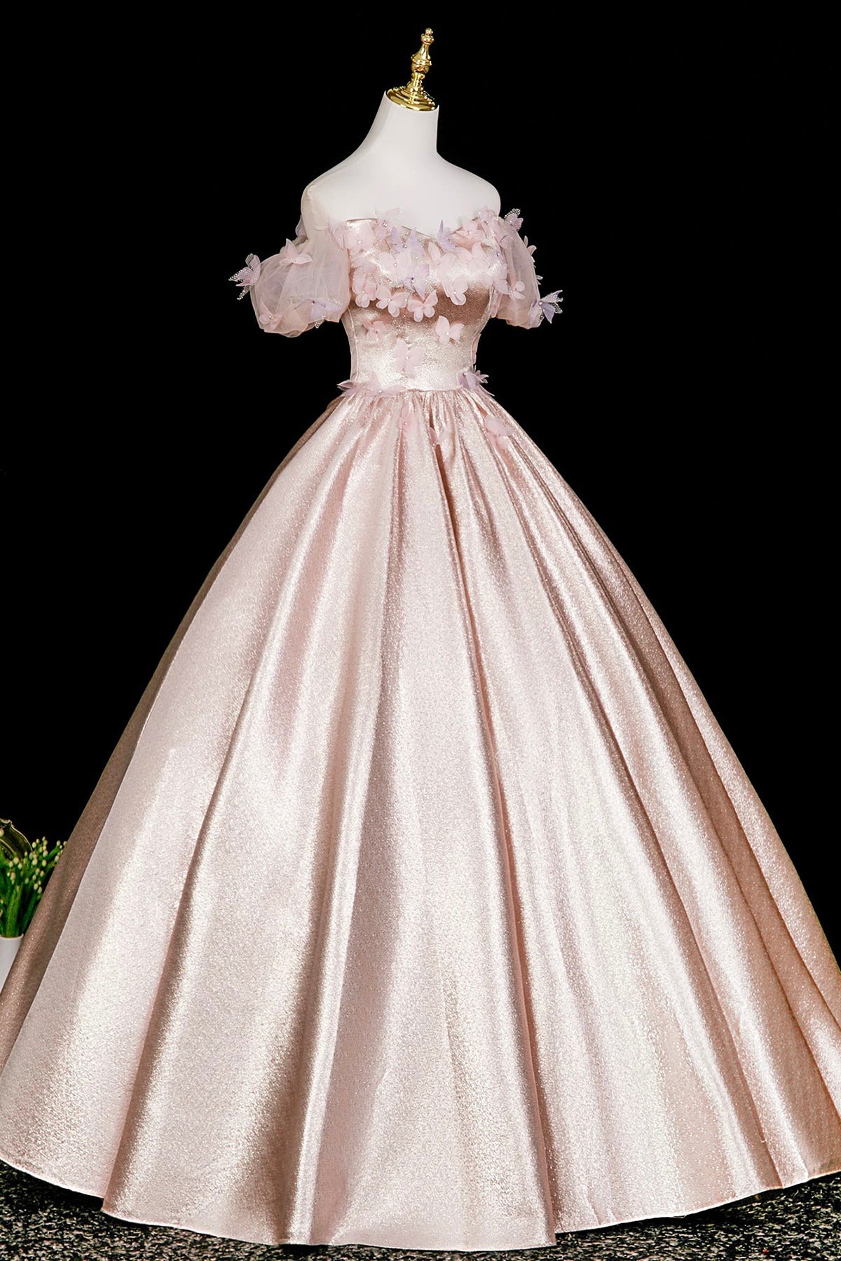 Pink Satin Long Prom Dress with Butterfly, Beautiful Off the Shoulder Party Dress