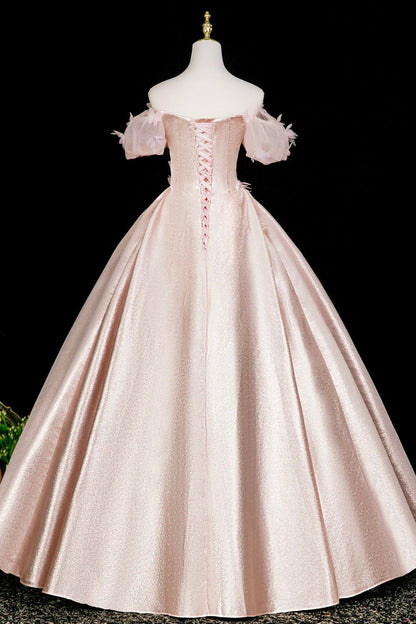 Pink Satin Long Prom Dress with Butterfly, Beautiful Off the Shoulder Party Dress