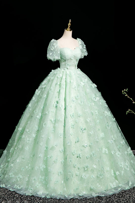 Green Tulle Butterfly Long A-Line Prom Dress, Beautiful Short Sleeve Evening Dress