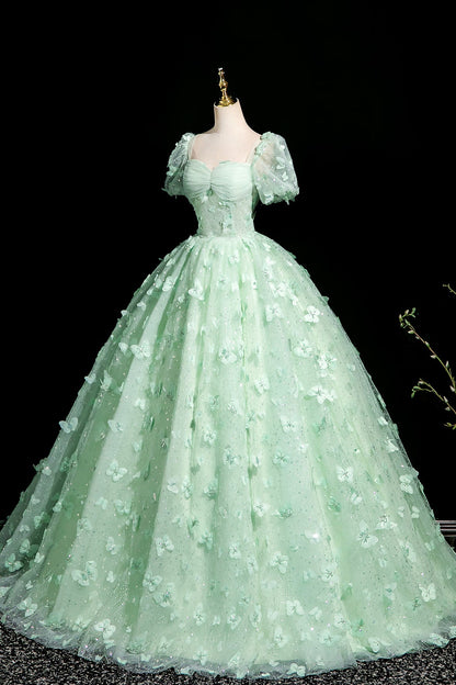 Green Tulle Butterfly Long A-Line Prom Dress, Beautiful Short Sleeve Evening Dress