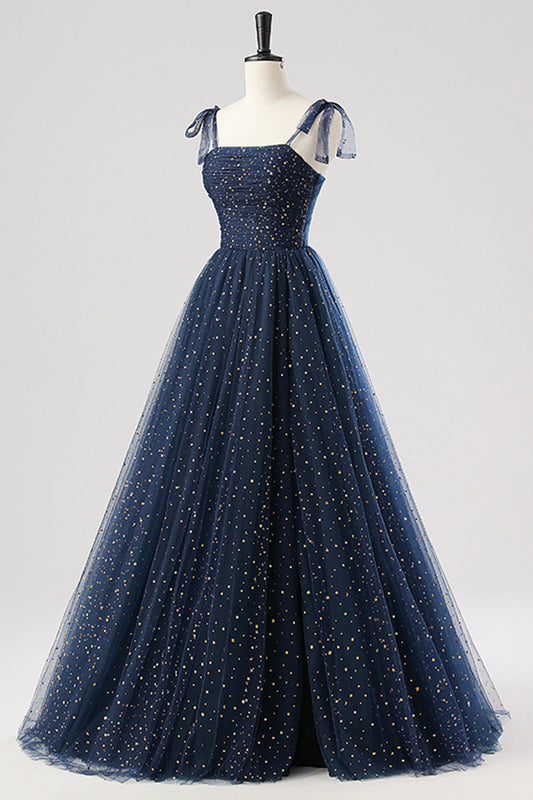 Navy Spaghetti Strap Tulle Long Prom Dress, A-Line Backless Evening Party Dress