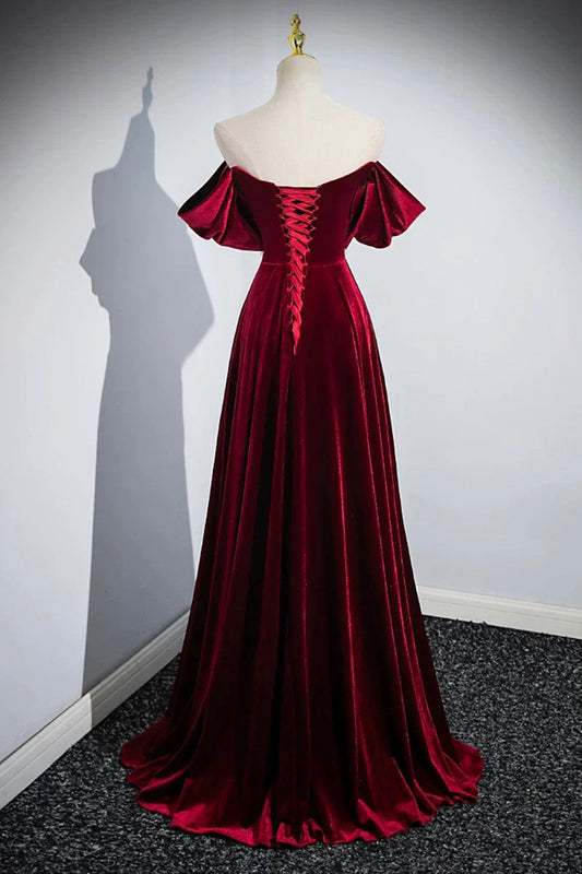 Elegant Velvet Floor Length Prom Dress, Burgundy Off the Shoulder Party Dress