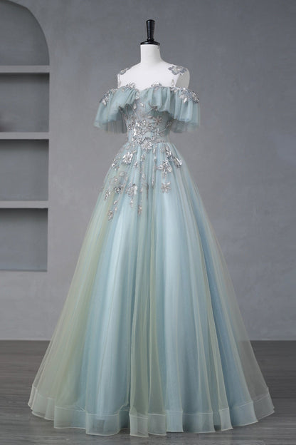 Beautiful Tulle Sequins Long Prom Dresses, Off the Shoulder Princess Party Dresses
