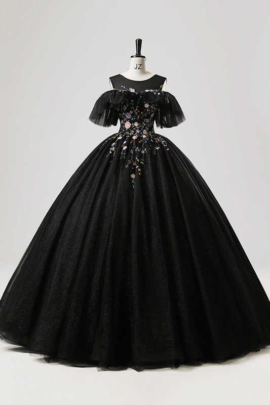 Black Tulle Beaded Long Prom Dress, A-Line Scoop Neckline Formal Party Gown