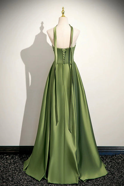 Green Satin Long A-Line Prom Dress, Lovely Strapless Evening Dress