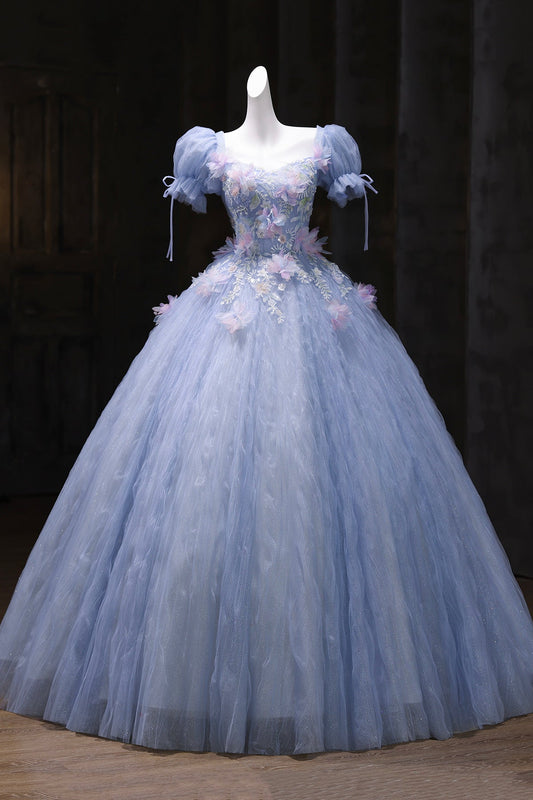 Blue Tulle Sequins Long Prom Dress, Blue A-Line Short Sleeve Party Dress