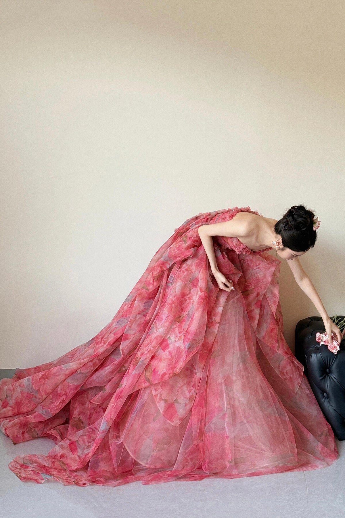 Red Floral Print Long Prom Dress, A-Line Strapless Evening Dress