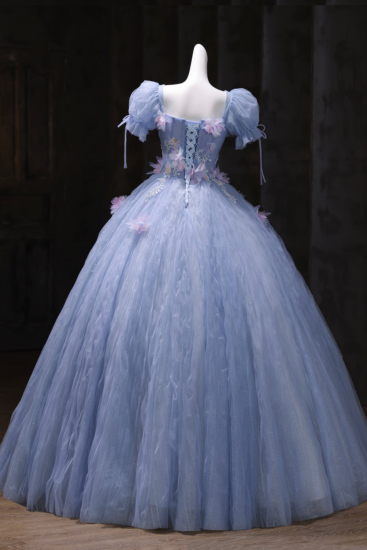 Blue Tulle Sequins Long Prom Dress, Blue A-Line Short Sleeve Party Dress
